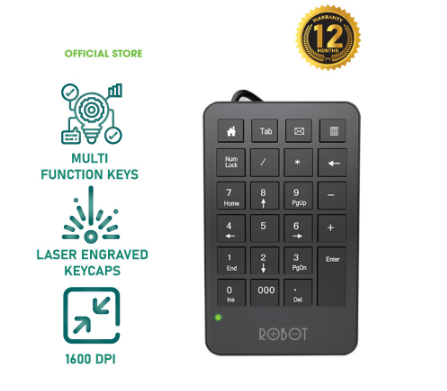 ROBOT RK01 Wired Numeric Keypad Black Small and Portable Multimedia Keys Original 12 Months Warranty