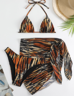 Swimsuit Women's Push-up Bikini Striped Sexy 3-Piece Set Open Buttocks Open Back European American Hot Spring Swimsuit 2023 New Style