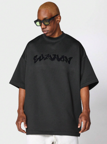 SUMWON Oversized Fit Mock Neck Tee With Front Graphic Print