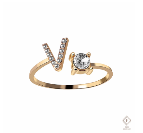 26 Letter Rings Cubic 14K Gold Promise Ring Diamond Ring Wedding 925 Silver Ring Adjustable Size V