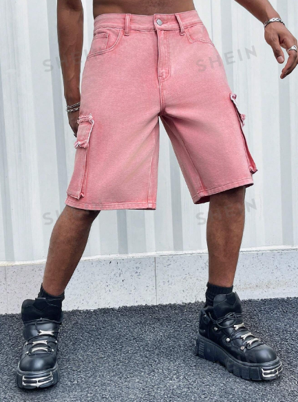 ROMWE Street Life Men's Solid Color Cargo Denim Shorts