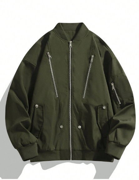 Men Solid Zip Up Bomber Jacket