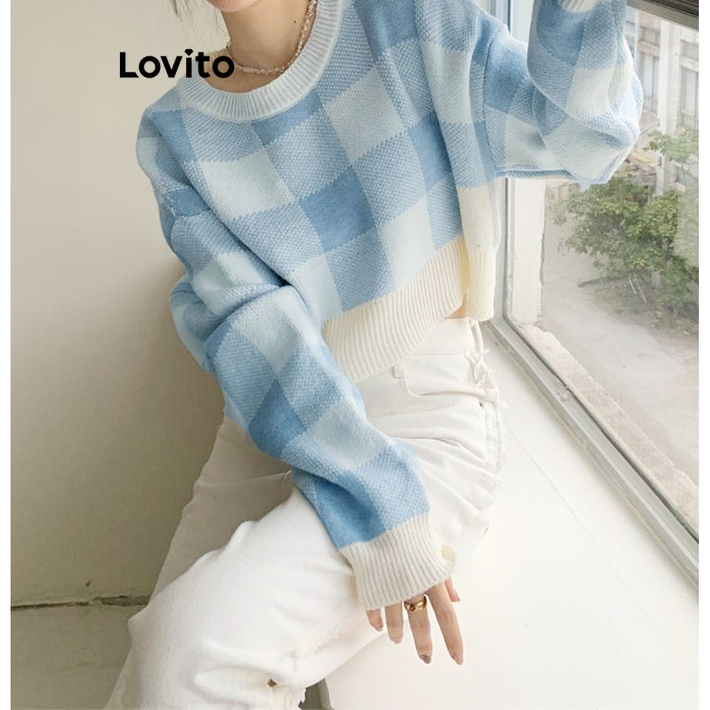 Lovito Women Casual Plaid Geometric Sweater LNA39270 (Blue)