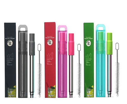 Reusable Metal Straw Collapsible Stainless Steel Straws Portable Telescopic Drinking Straw Set