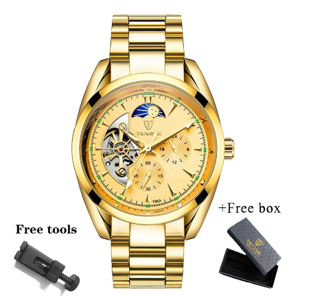 TEVISE Watch for men Automatic analog Skeleton Gold Luxury Stainless Steel Strap Waterproof Tourbillon 795A 1
