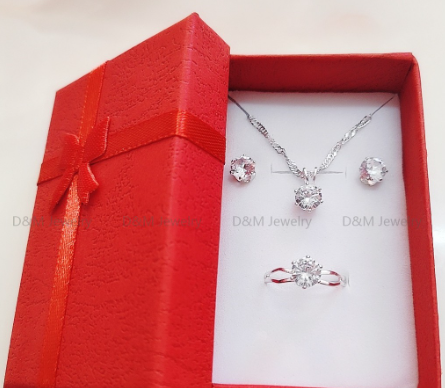 D&M Jewelry 925 Silver Set 3 in1 Earrings Necklace Ring Size Adjustable