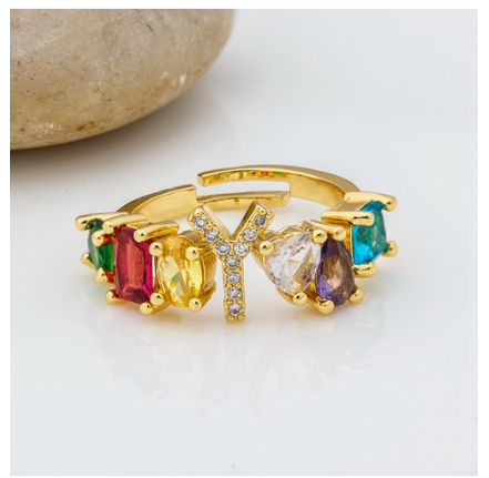 Hot Sale Adjustable A-Z 26 Initial Ring Bohemian Copper Zircon Rainbow Letter Rings for Women Girls Jewelry Y