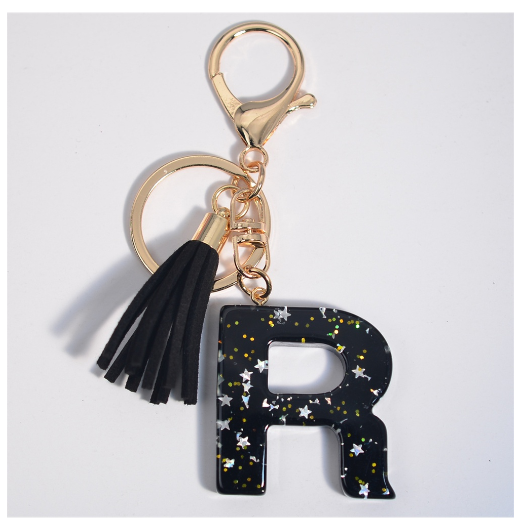 Black A-Z 26 Letter Key Chain Fashion Star Sequin Filled Initials Keyrings For Women Bag Ornaments Charm Car Key Holder Gifts R