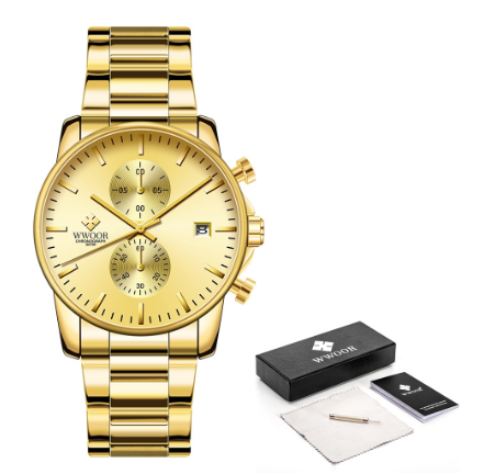 Wwoor Sports Watches Mens Luxury Brand Stainless Steel Quartz Watch Chronograph Date Wristwatch Business Male Watch GOLD