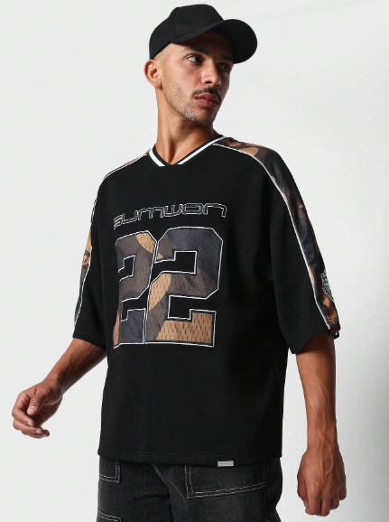 SUMWON Oversized Fit Hockey Tee With Camo Shoulder Panel & Embroidered Applique Number