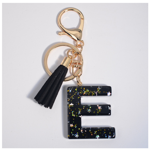 Black A-Z 26 Letter Key Chain Fashion Star Sequin Filled Initials Keyrings For Women Bag Ornaments Charm Car Key Holder Gifts E