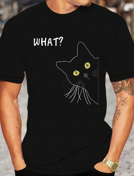 Plus Size Men's Summer Casual Cartoon Cat Letter Printed Round Neck Short Sleeve T-Shirt