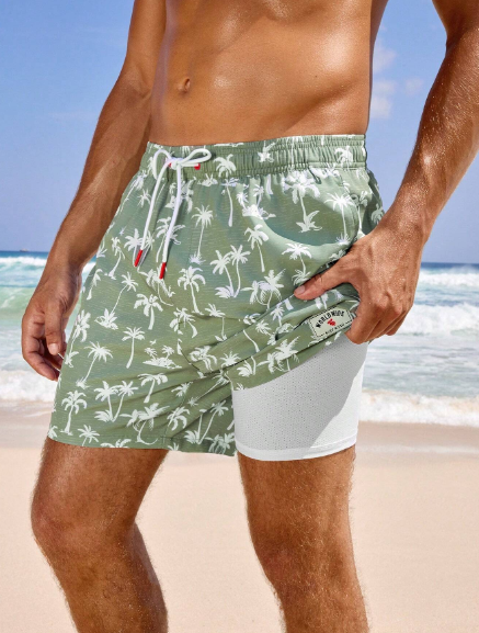 Manfinity VDAYZ Men's Palm Tree Printed Drawstring Waist Loose Beach Shorts Swim Trucks For Vacation