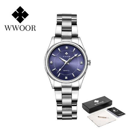 WWOOR New Luxury Watch Woman Elegant Dress Ladies Quartz Bracelet Watch For Women Clock Fashion Stainless Steel Waterproof Watch BLUE DIIAL SILVER CASE STRAP