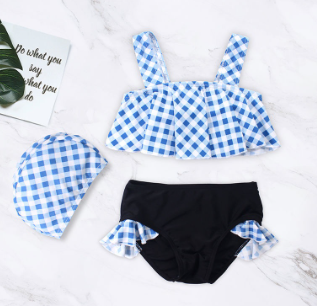 Children Swimsuit Girls Girls Baby Swimsuit Split Bikini Suit with Swimming Cap Plaid Printing