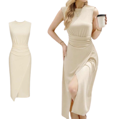 Lovito Women Asymmetrical Ruched Split Front Dress L68ED144 (Khaki)