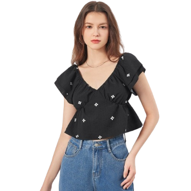 Lovito Women Casual Ditsy Floral Ruffle Hem Structure Line Scallop Blouse L68ED020 (Black)