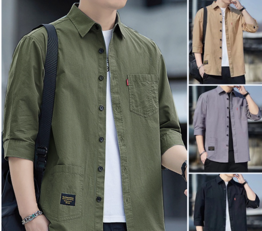 Summer Korean Style Lapel Plain Shirt For Men Fashion All Match Pocket Casual Tooling 3/4 Sleeve Shirt Men Top Loose Shirt Men M-3XL