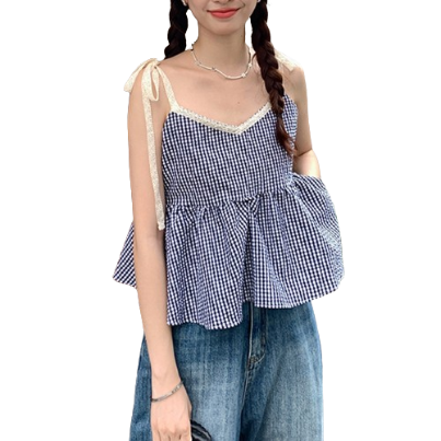 Lovito Women Casual Plaid Lace Up Tank Top LNE37311 (Blue)