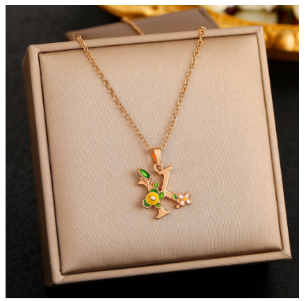 26 Letter Gold Pendant Necklace Dropped Oil Flower Animal Letter Necklace Fashion Men's and Women's Gift Wholesale K