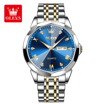 Olevs Original Watch For Men Water Proof Stainless Steel Business Fashion Relo Quartz Analog Calendar Luminous Wrist  Watch BLUE DIAL TWO TONE STRAP
