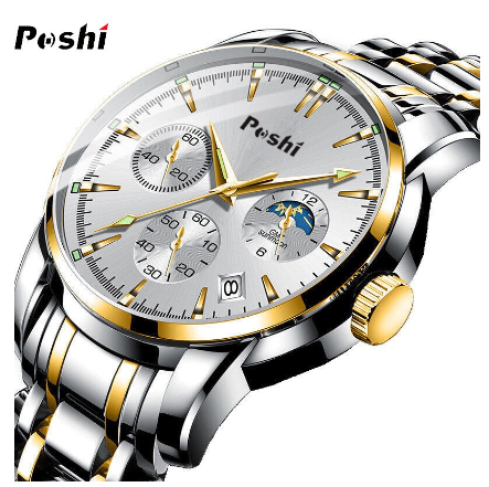 POSHI Men Watch Automatic Stainless Steel Waterproof Dive Sports Quartz Fashion Wristwatch GOLD WHITE