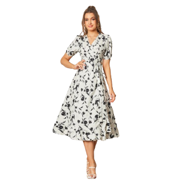 Lovito Women Boho Floral Wrap Ruffle Hem Dress LBL08414