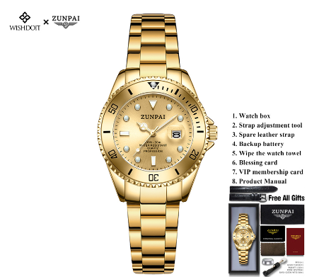 ZUNPAI Watch for Woman Original Waterproof Stainless Steel Silver Gold Business Fashion Trend Luminous Calendar Women Watch GOLD