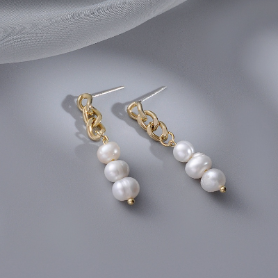 925 silver needle freshwater pearl chain earrings