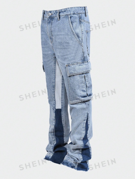 ROMWE Men's Patchwork Color Block Flared Leg Street Casual Cargo Jeans Pants