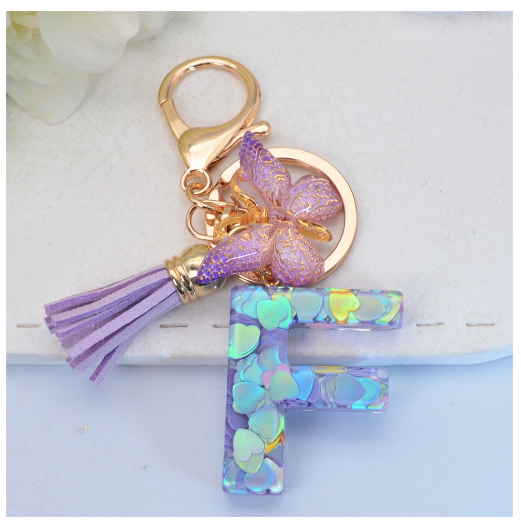 Sparkling 26 Letter Keychain With Butterfly Pendant Exquisite Heart Sequin Filled A-Z Initials Keyrings Bag Pendant Charms Gifts F