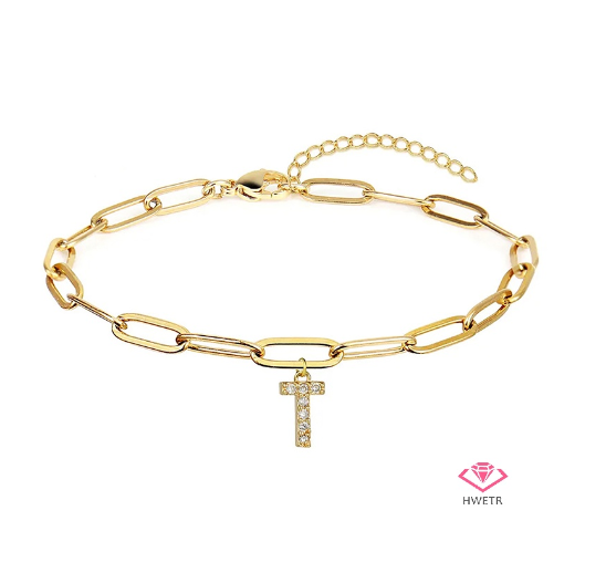 Hwetr Fashion 26 A-Z Initial Bracelet For Women Classic Zircon Letter Pendant Paper Clip Chain Bracelet Jewelry Accessories Gift T