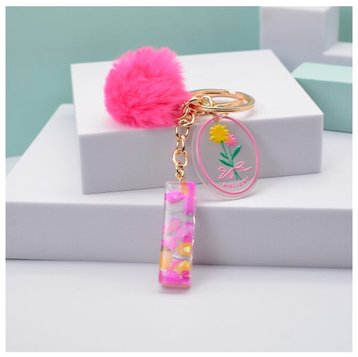 Fashion 26 Letter Keychain A-Z Initial Resin Keyring With Pink Pompom Flower Acrylic Tag Alphabet Key Chain Bag Pendant Gifts I