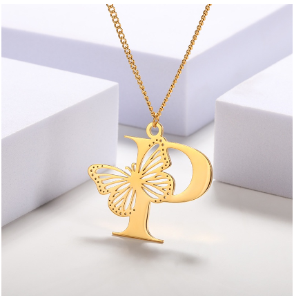 High-quality 18k Gold Plated A-Z Letters Necklace Stainless Steel Butterfly Necklace for Women Men Couple Fashion Jewelry P