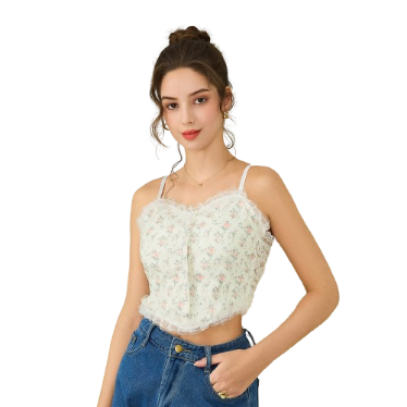 Lovito Women Casual Ditsy Floral Lettuce Trim Lace Tank Top L77ED385