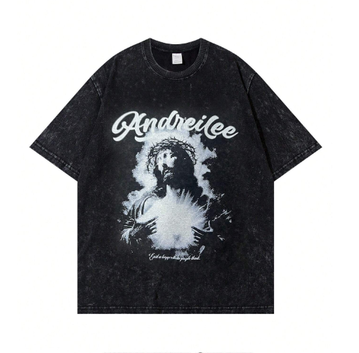 ANDREILEE Men's Casual Washed Print T-Shirt, Unisex Round Neck Short Sleeve Tee