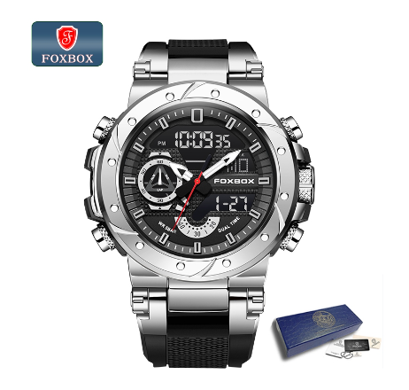 FOXBOX Fashion Digital Watch Men Dial Dual Display Outdoors Waterproof Sport Luminous Silicone Watch SILVER