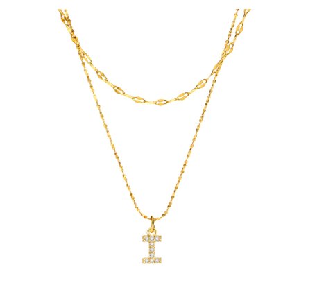 Vnox Double Layered Letter Initial Pendant Necklace,Gold Plated Shiny Zircon Alphabet Charm Necklace for Women I