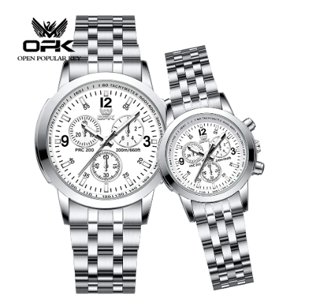 OPK Watch For Couple Original Waterproof With Box Stainless Steel Strap Watch WHITE DIAL SILVER CASE STRAP