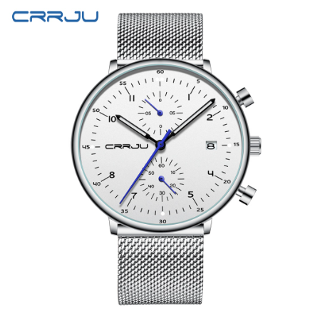 CRRJU Men's Watch Top Brand Luminous Casual Sports Analog Quartz Stainless Steel Waterproof 2278 X SILVER WHITE