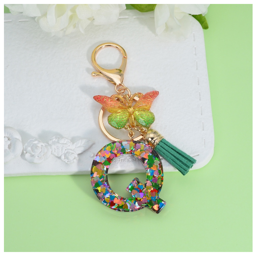 Fashion Butterfly Pendant 26 Letter Keychain Heart Sequins Filled A-Z Initial Key Chains With Tassel Bag Charms Accessories Gift Q