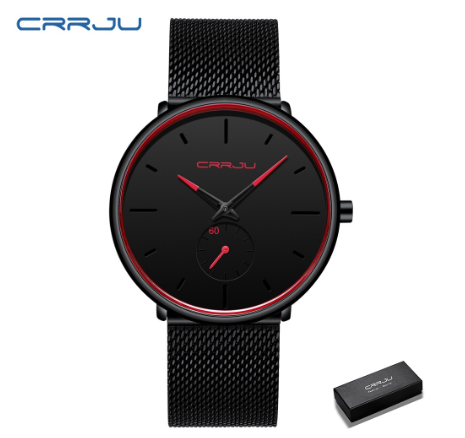 CRRJU Men's Fashion Black Stainless Steel Wrist Watch Waterproof Business Dress Watch for Men 2150S M21