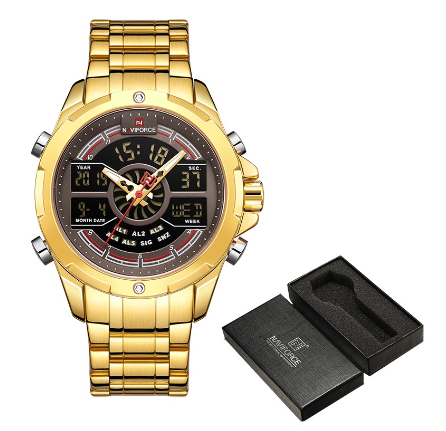 Naviforce Men's Luxury Gold Digital Chronograph Military Sport Quartz Stainless Steel Waterproof Alarm WristWatch GOLD