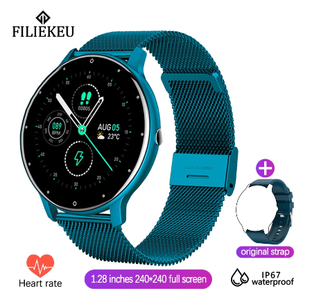 FILIEKEU Fashion Smart watch Full touch screen Waterproof Fitness Tracker Heart rate Multifunction Sports couple smartwatch MESH BLUE