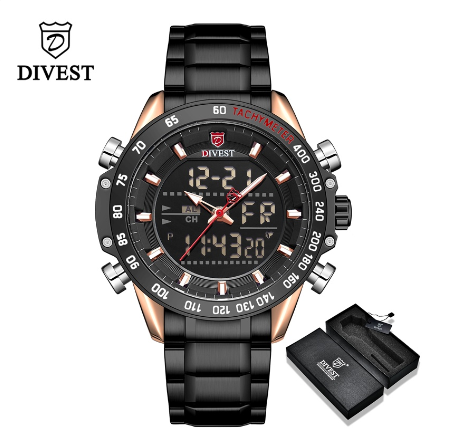 DIVEST Top Brand Luxury Men's Watches Digital Fashion Chrono Sport Casual Clock Waterproof Military Watch Men Original ROSEGOLD BLACK