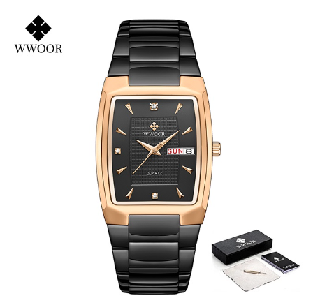 Wwoor Luxury Gold Women Bracelet Watches 2022 Design Square Ladies Dress Quartz Wristwatch BLACK DIAL ROSEGOLD CASE BLACK STRAP