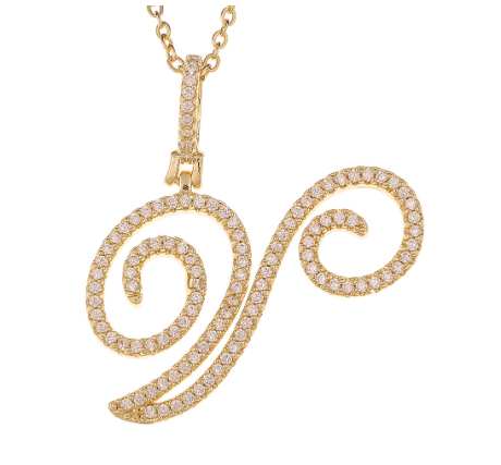 Fashion A-Z Initial Cursive Letters Pendant Necklace For Women Gold Color Shiny Rhinestone Chain Necklace Jewelry Gift V
