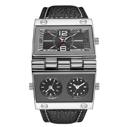 Oulm Unique Design Men's Watch Three Time Zone Men's Military Watches Punk Style Leather Strap Wristwatch BLACK