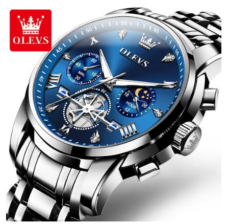 Olevs Watch For Men Waterproof Original Quartz Luminous Stainless Steel Multifunctional Watch BLUE DIAL SILVER STRAP