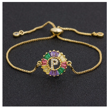 New Fashion A-Z Initial Colorful Cubic Zircon Letter Bracelets Adjustable Chain Rainbow Jewelry P